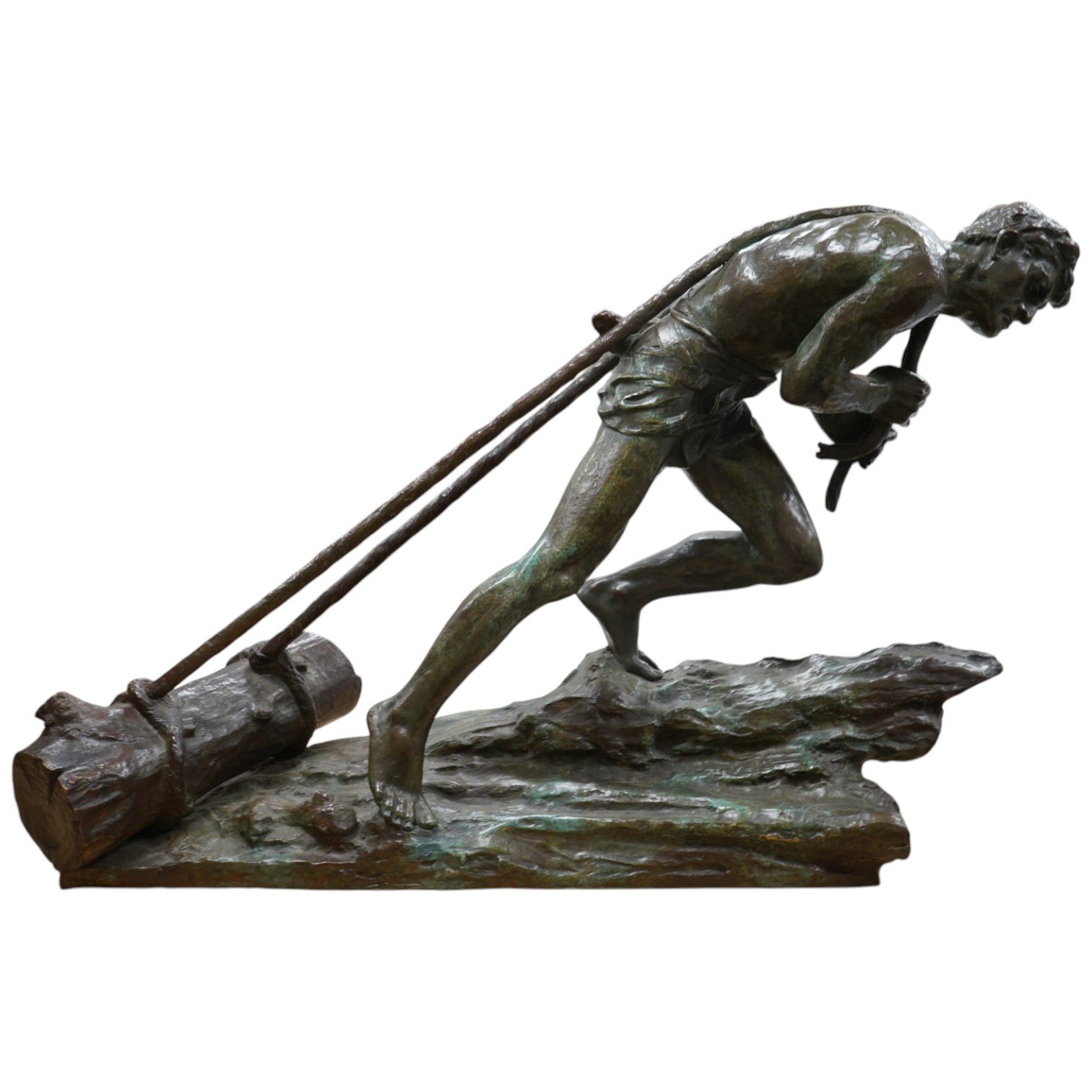 Edouard Drouot - Bronze L’Effort, male with ropes pulling a log, 59cm wide x 41cm high